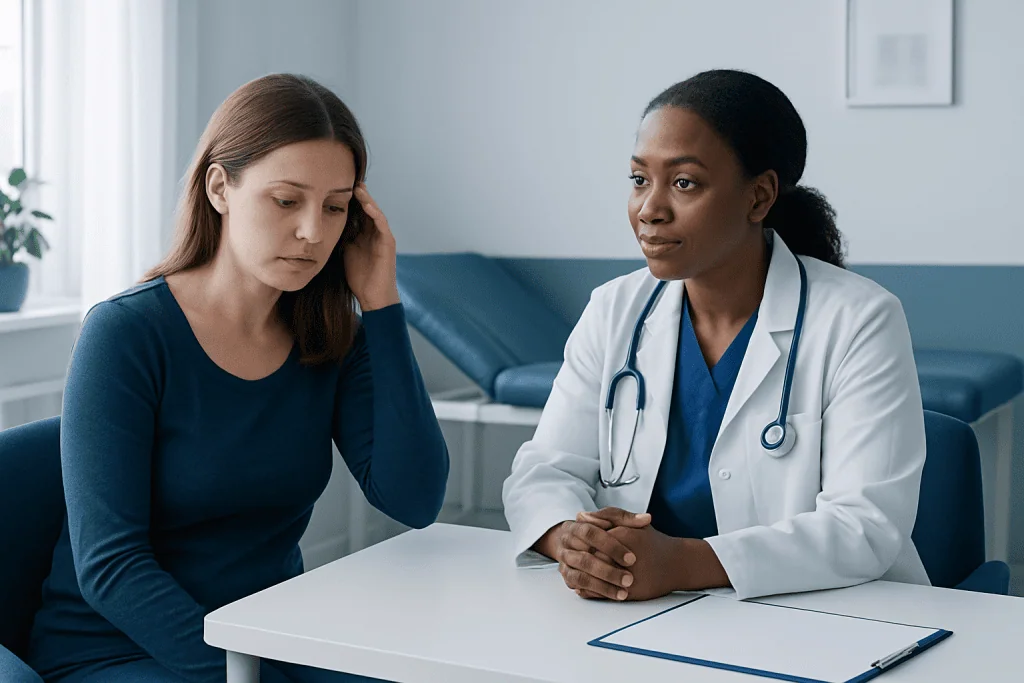 Doctor consulting with a patient about hair loss after childbirth.