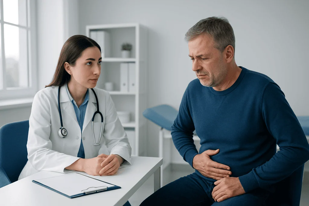 Doctor consulting with a patient about stomach pain in a medical office.