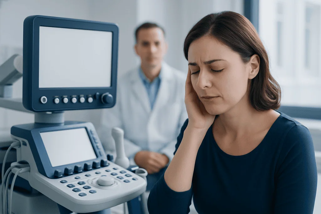 Woman experiencing ear pain during medical examination at hospital.