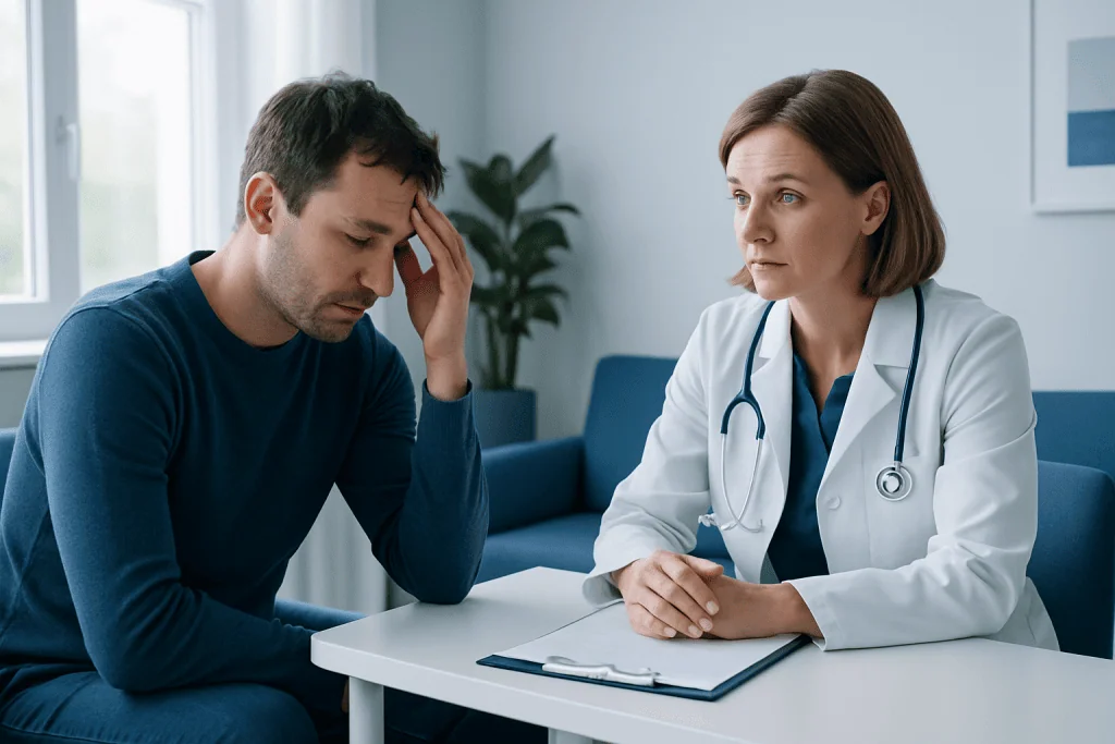 Doctor consulting with a patient in a medical office setting.