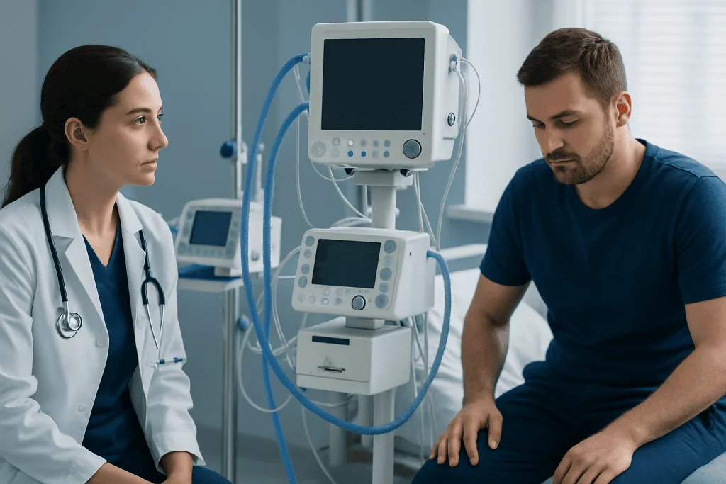 Doctor consulting patient in hospital with medical monitors.