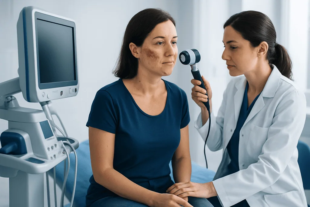 Doctor examining a woman's skin with a dermatoscope in a clinical setting.