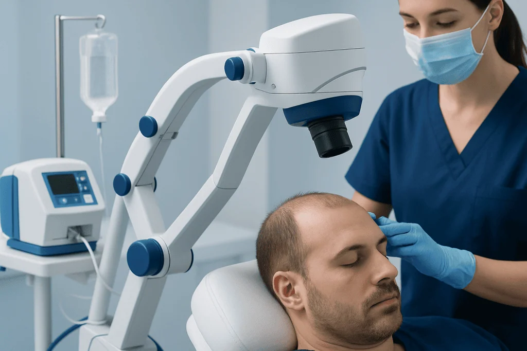 Hair transplant procedure using advanced robotic technology at Acibadem Hospital.