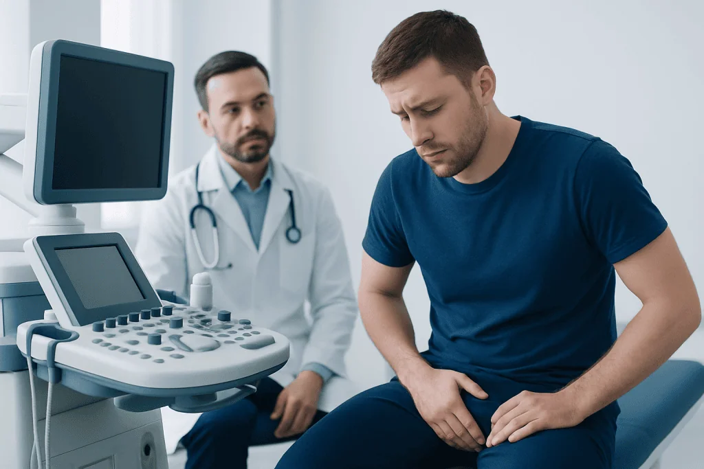 Young man consulting with doctor about abdominal pain in clinic.