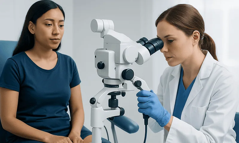 Medical professional examining patient with microscope at Acibadem Hospital.
