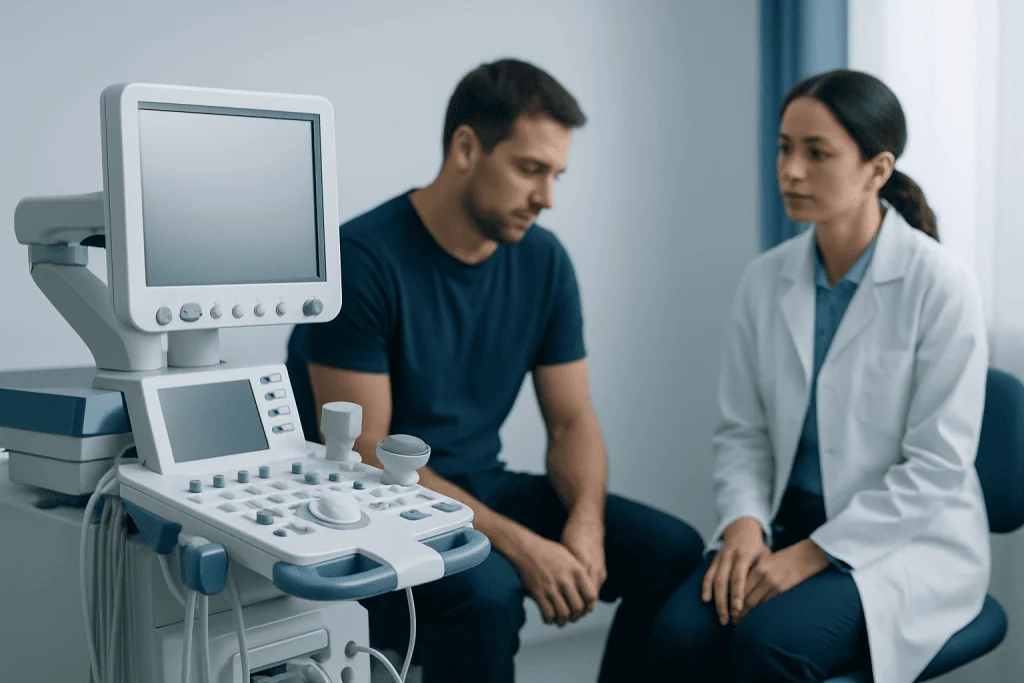 Doctor consulting male patient in a medical examination room with ultrasound equipment.