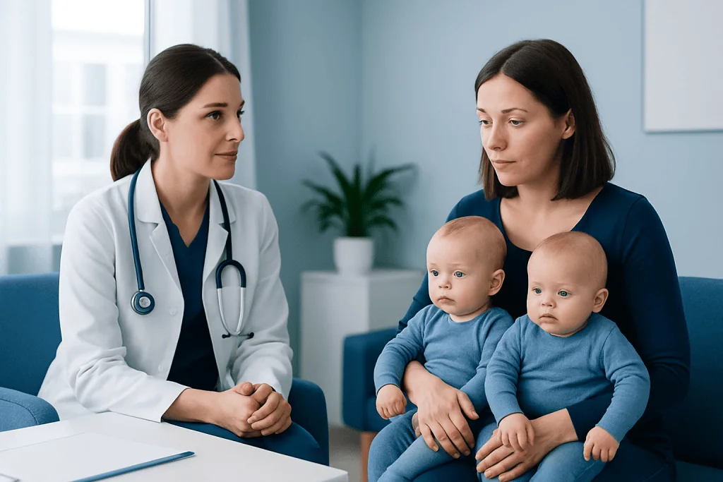 Pediatric consultation at Acibadem Hospital with mother and twin babies.