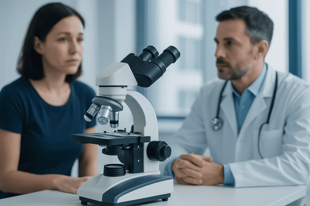 Doctor and patient discussing results with microscope in medical consultation room.