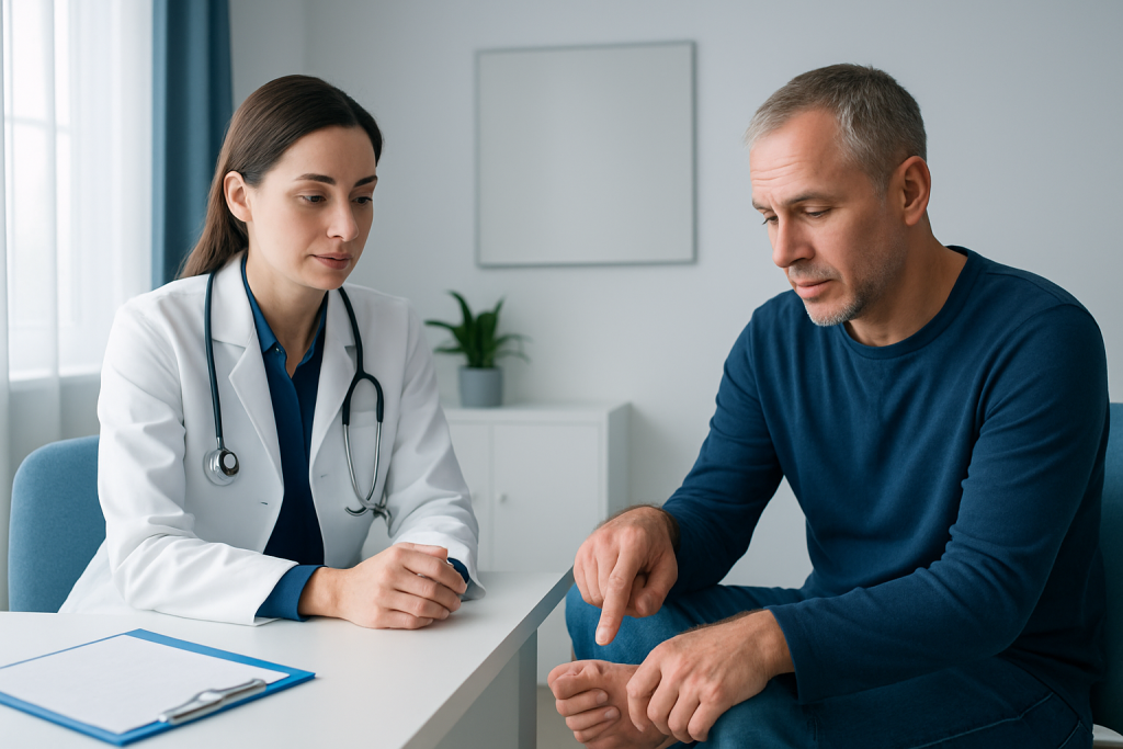 Doctor consulting with patient about toenail fungus treatment options.