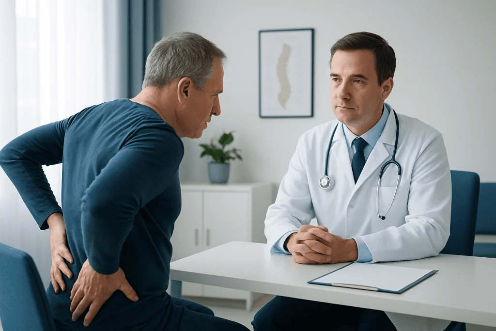 Doctor consulting with a patient about spinal health in a medical office.