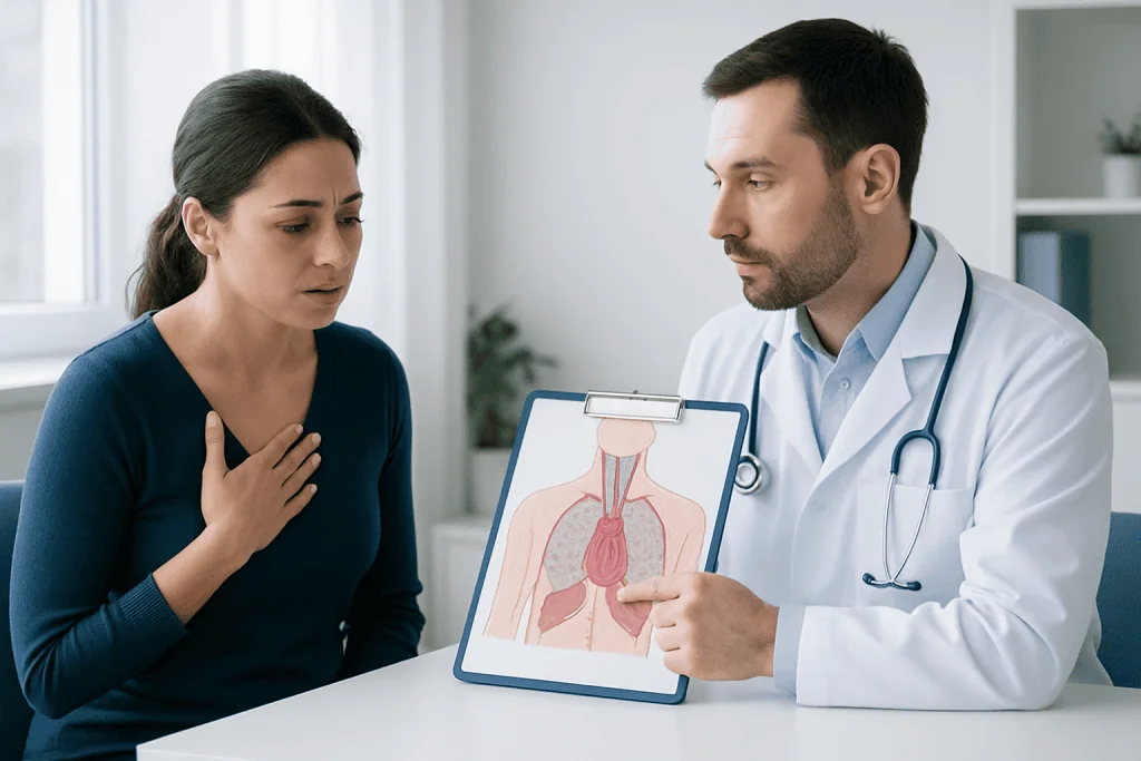 Doctor explaining mediastinal lymph nodes to patient with diagram.