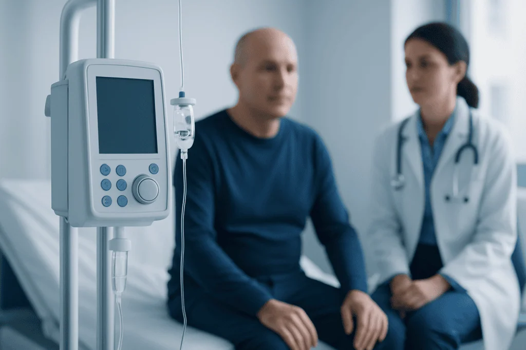 Doctor and patient in hospital room with medical monitor and IV drip.