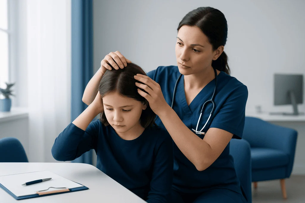 Pediatric nurse examining a young girl with headache symptoms in a clinic setting.