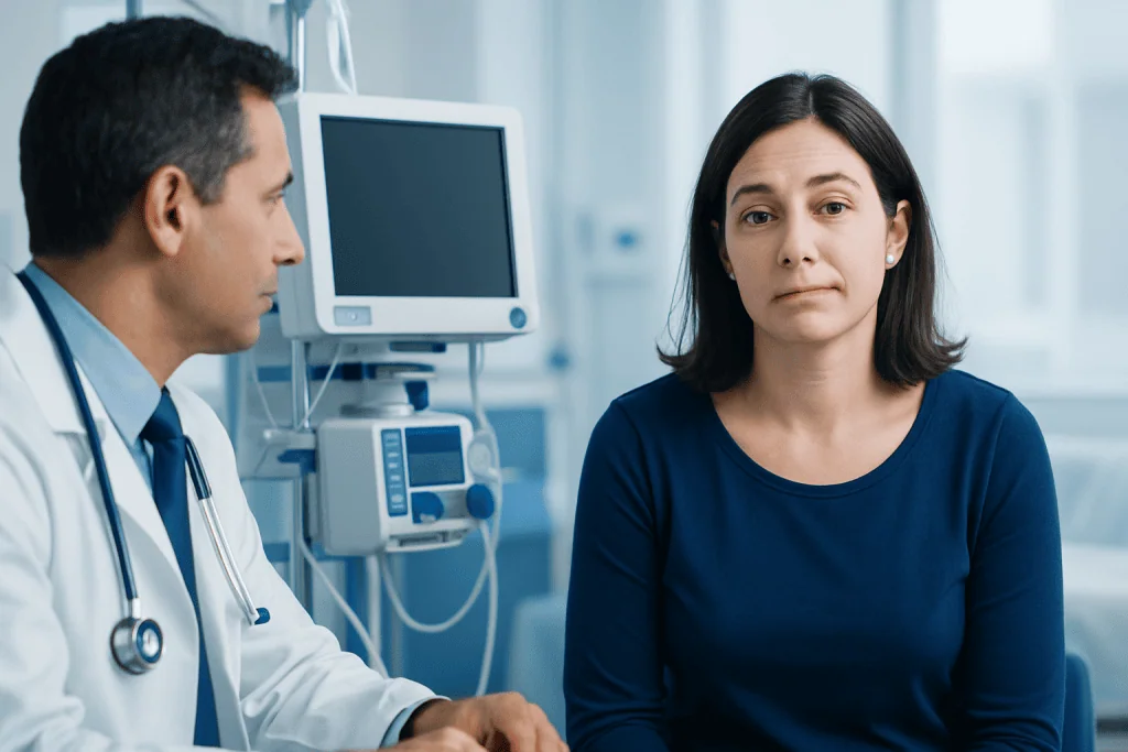 Doctor consulting a woman about her dental health in a clinical setting.