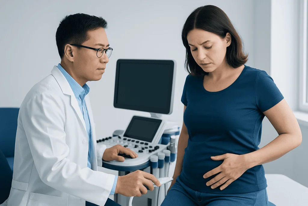 Doctor examining a woman with abdominal pain in a medical clinic.