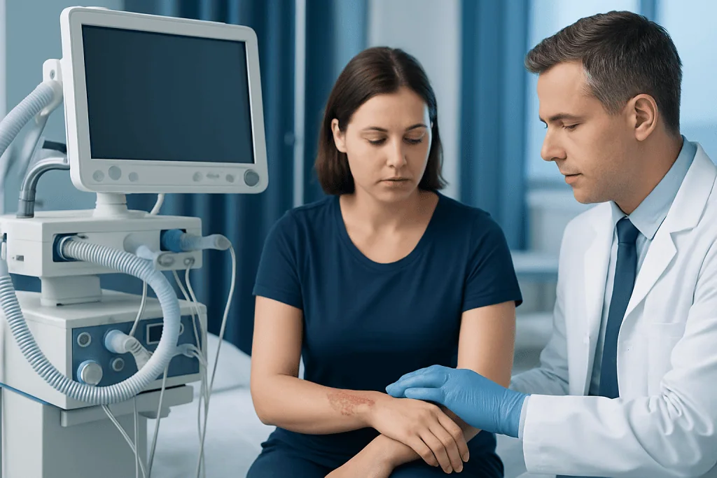 Doctor examining patient's arm in a hospital setting with medical equipment nearby.