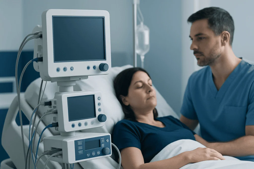 Patient receiving medical care in a hospital bed with monitoring equipment.