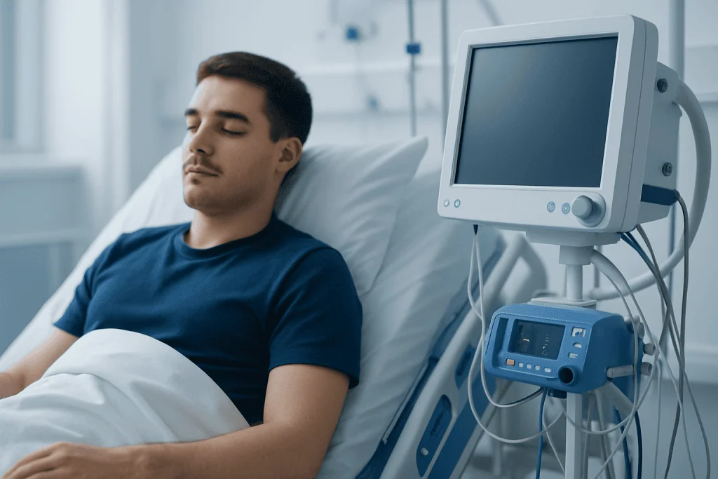 Young man resting in hospital bed with medical monitor nearby.