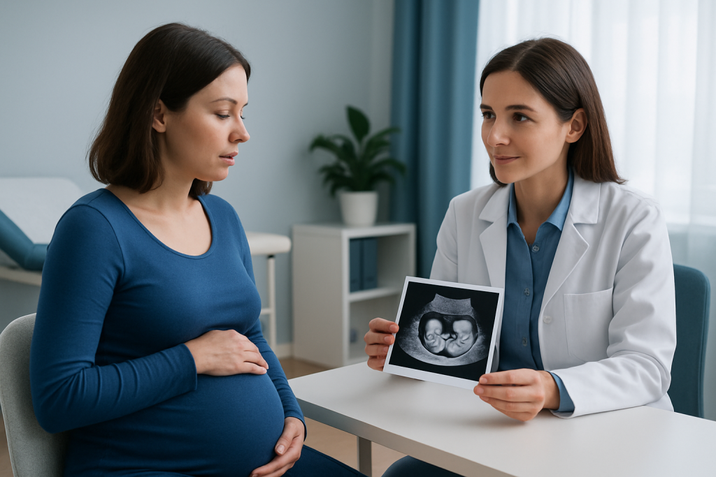 Pregnant woman consulting with doctor holding ultrasound image at hospital.