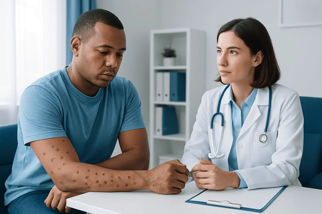 Patient with skin rash consulting a doctor in a medical office.