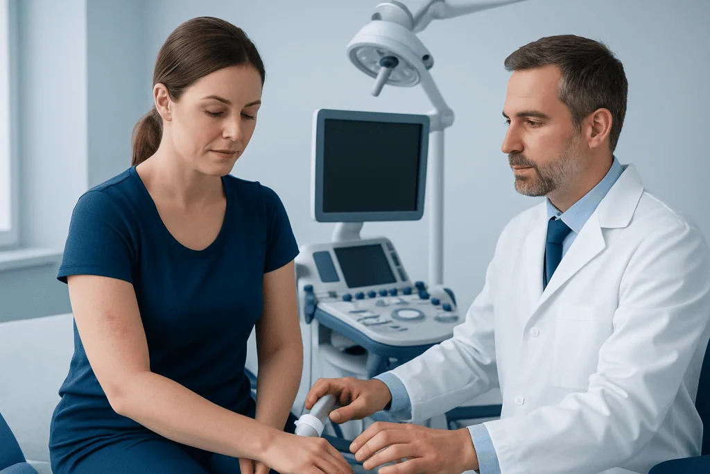 Doctor examining a patient in a medical clinic setting.