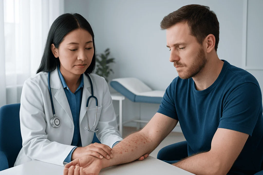Doctor examining a patient's arm with a rash in a clinical setting.