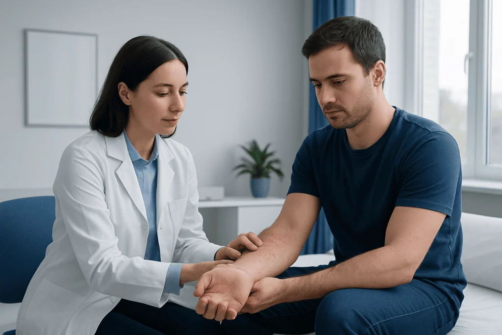 Doctor examining patient's arm in a medical consultation room.
