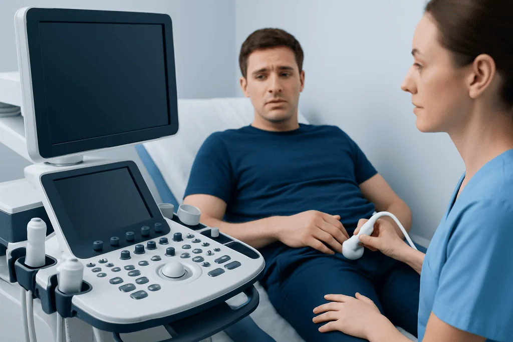 Male patient undergoing testicular ultrasound examination in hospital.