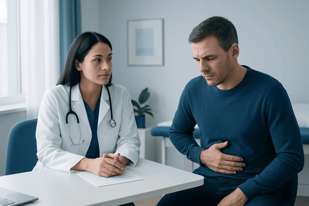 Doctor consulting with a patient experiencing stomach pain in a clinic setting.