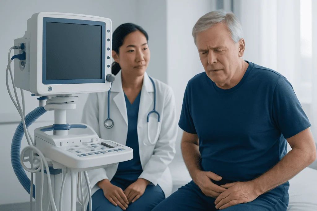 Doctor and patient discussing urinary health in a hospital setting.