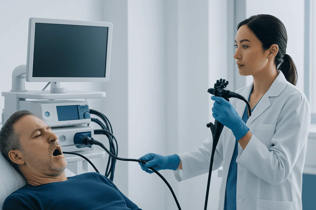 Endoscopy procedure being performed on a male patient in a hospital setting.