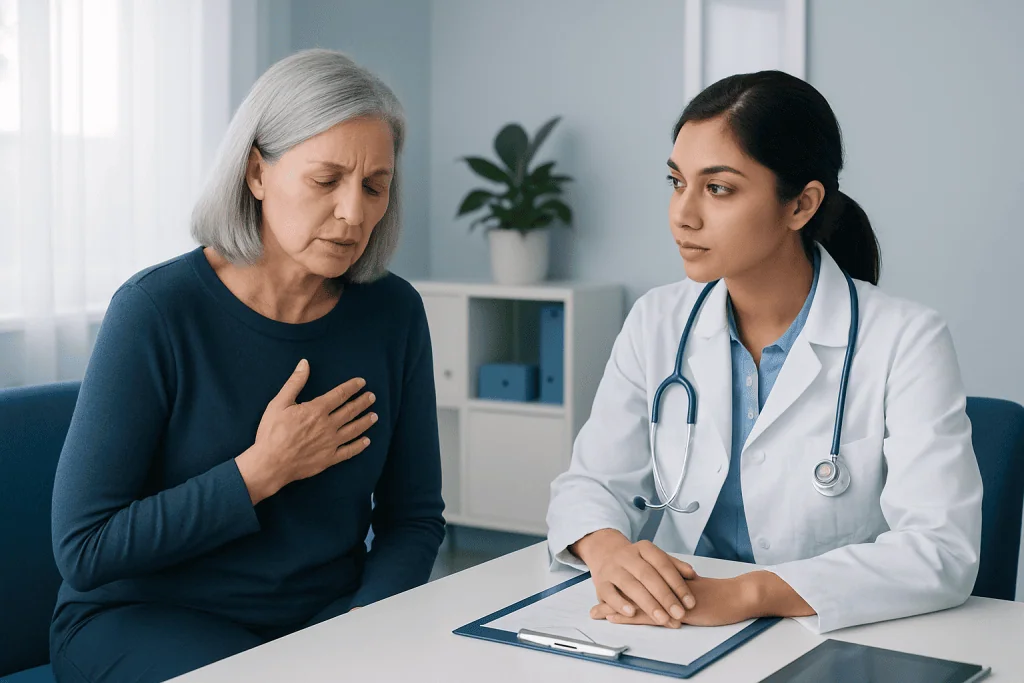 Doctor consulting with an elderly woman about heart health.