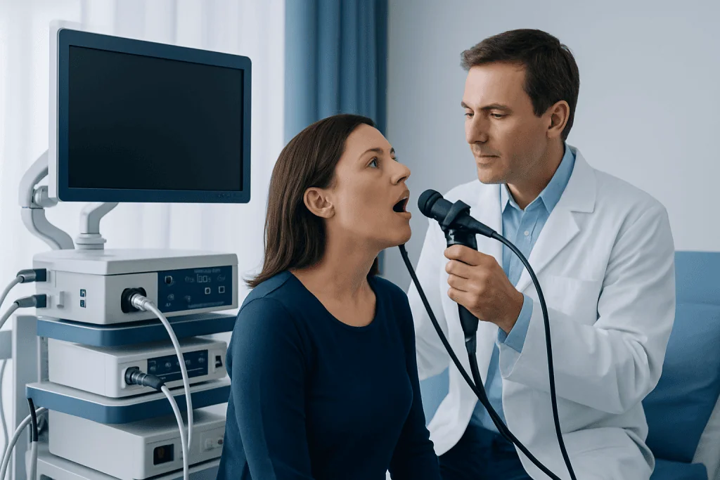 Doctor examines patient's throat with an endoscope in a clinical setting.
