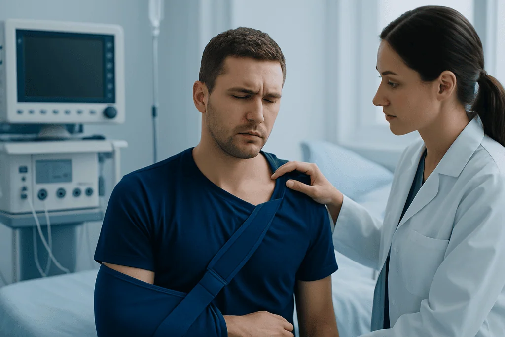Patient with shoulder injury consulting a doctor in hospital.