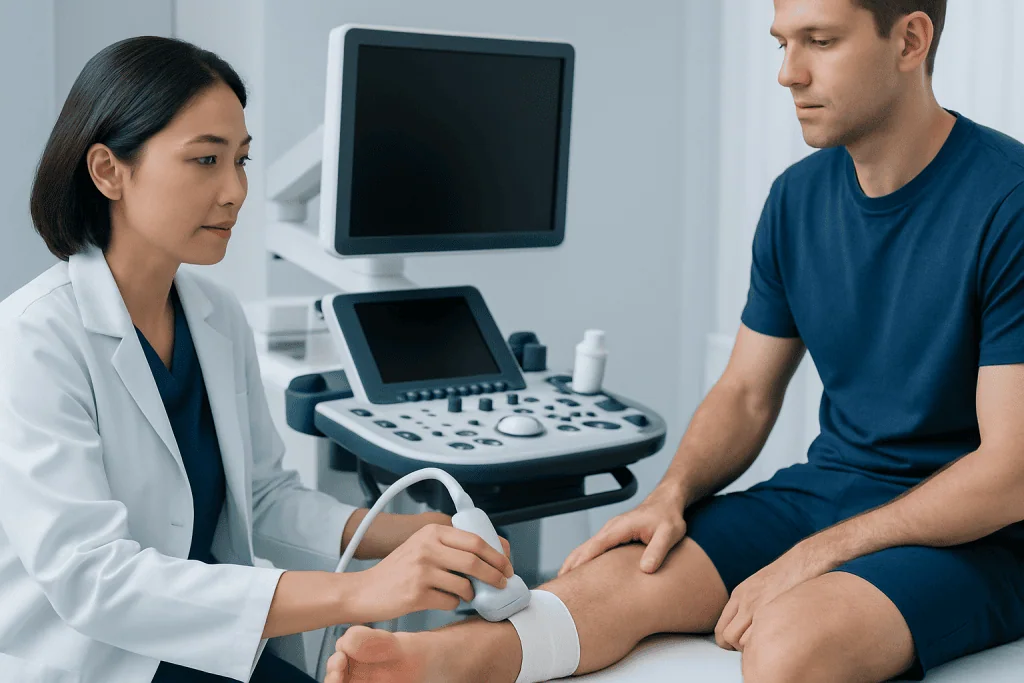 Doctor performing an ultrasound on a patient's ankle in a medical clinic.