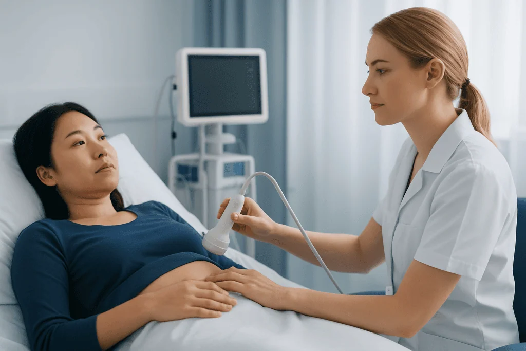 Doctor performing abdominal ultrasound on patient in hospital room.