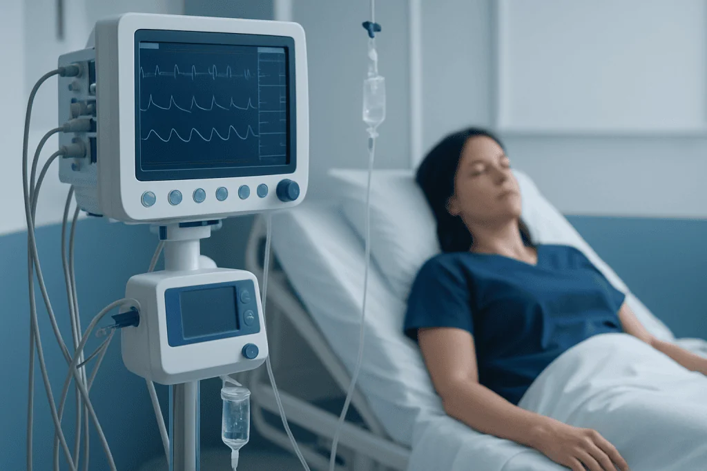 Patient in hospital bed with monitoring equipment for health assessment.