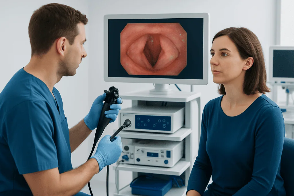 Doctor performing laryngoscopy on a patient in a medical clinic.