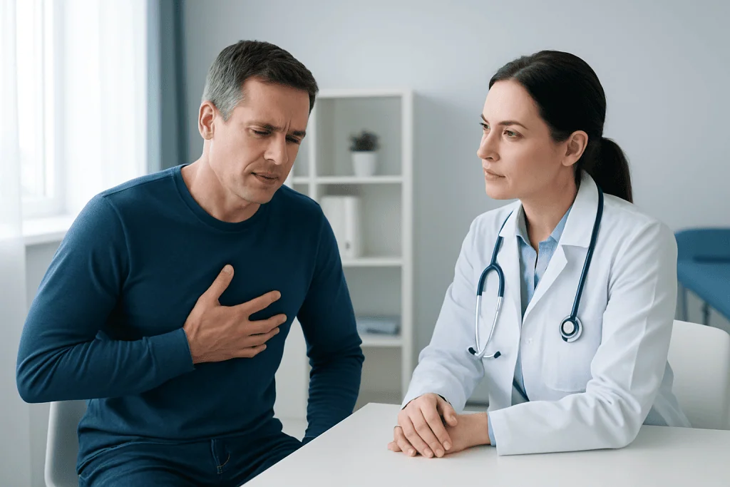 Patient experiencing chest pain during medical consultation at Acibadem Hospital.