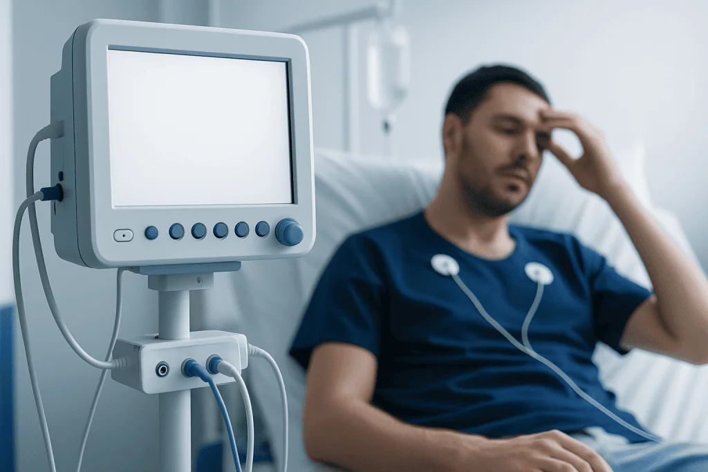 Patient in hospital bed with monitor, appearing distressed or in discomfort.