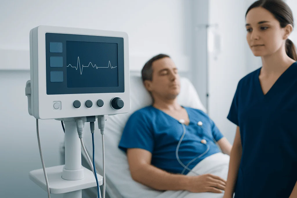 Patient in hospital bed with cardiac monitor and healthcare professional nearby.