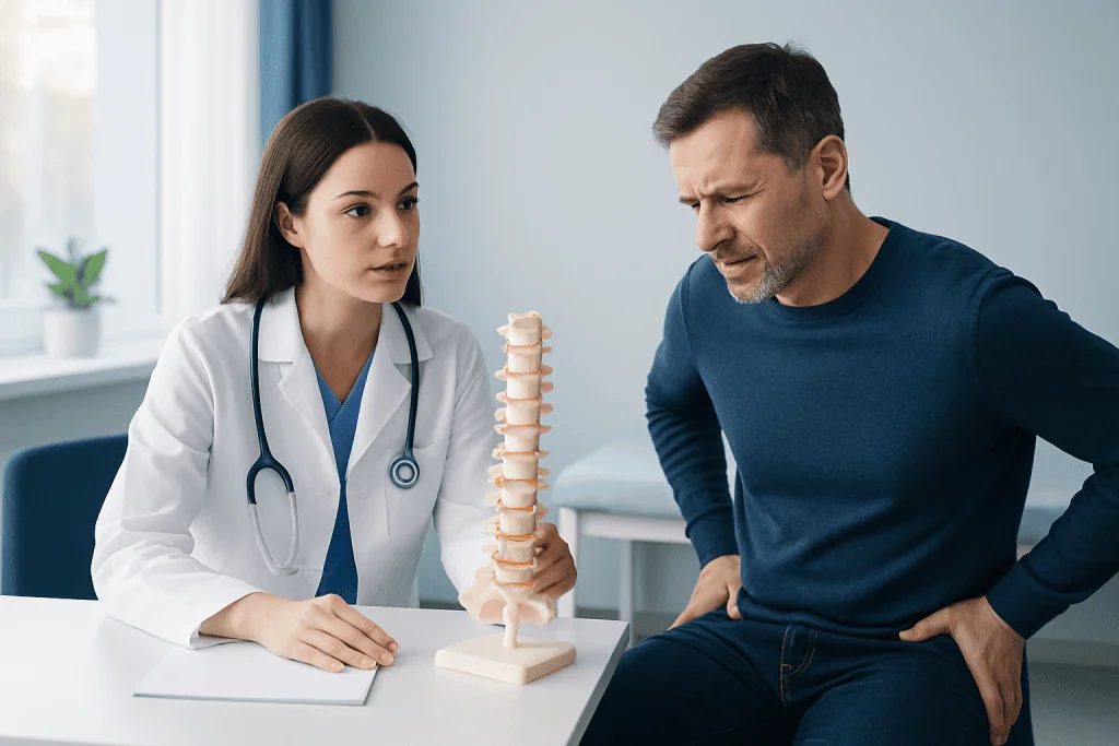 Doctor explaining spinal anatomy to patient with model in clinic.