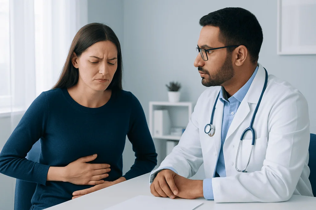 Doctor examining woman with stomach pain in a clinic setting.