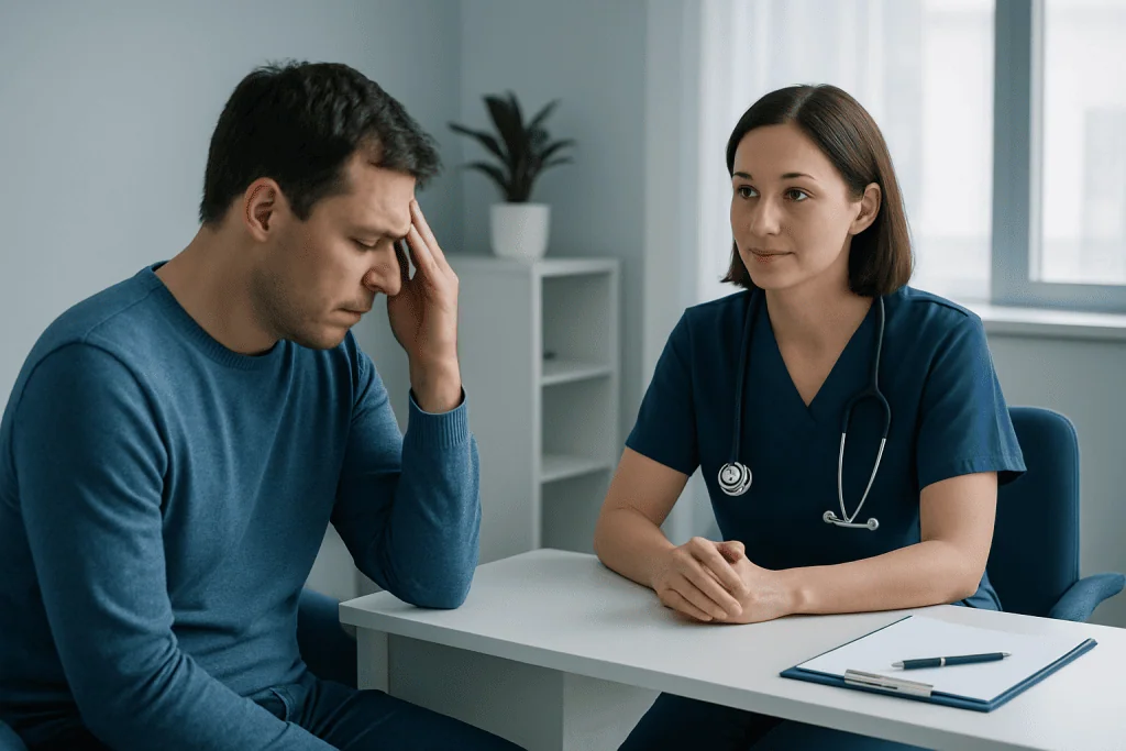 Patient consulting with a healthcare professional about flu symptoms.