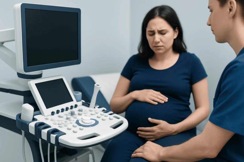Pregnant woman at ultrasound appointment with healthcare provider.