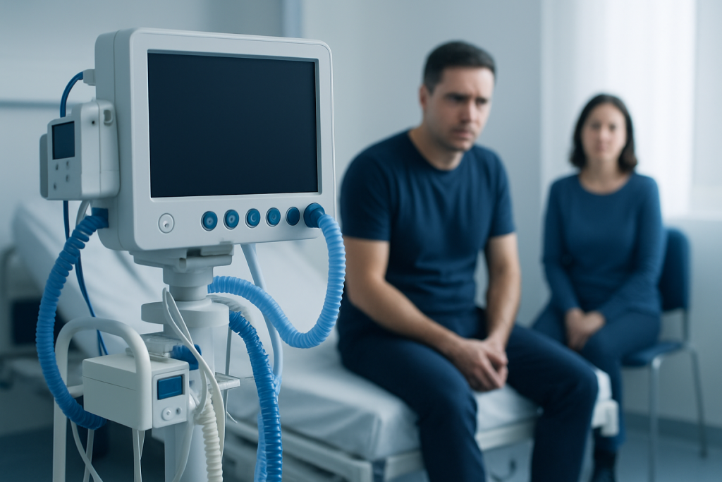Patient waiting in a hospital room with medical monitoring equipment nearby.