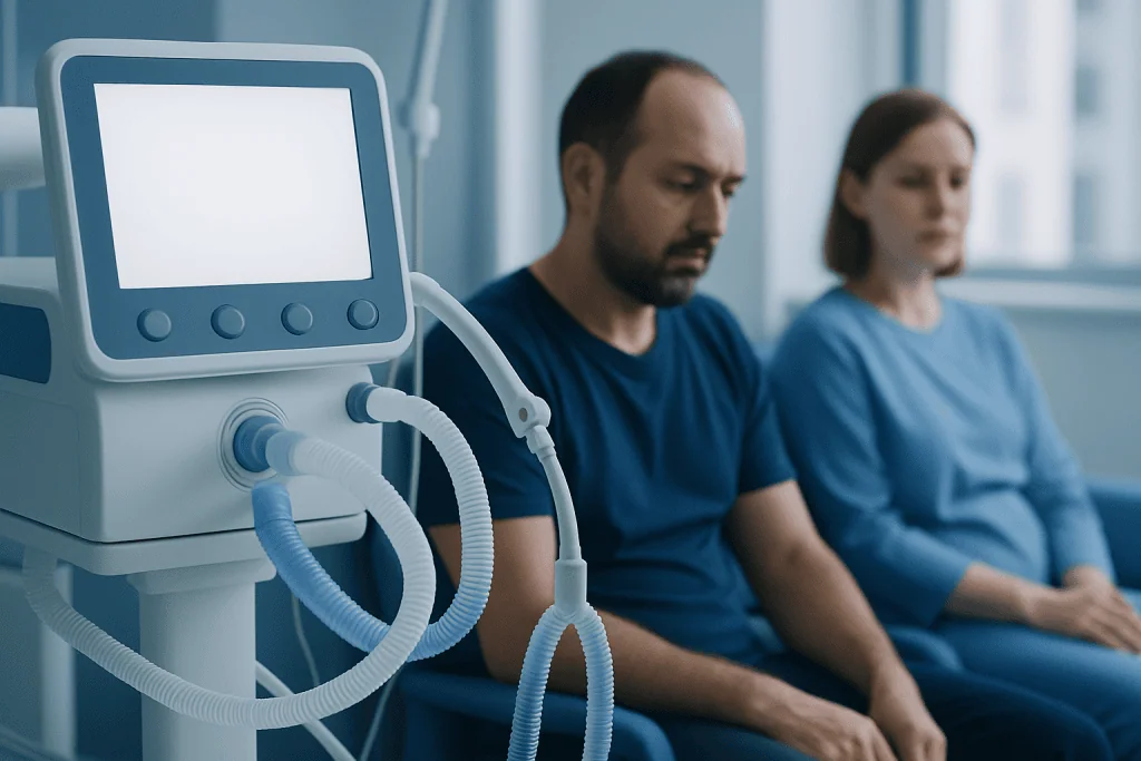 Patients waiting in a hospital room with medical ventilator equipment nearby.