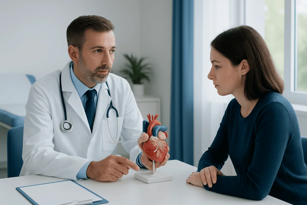 Doctor explaining heart anatomy to a patient with a model of the heart.