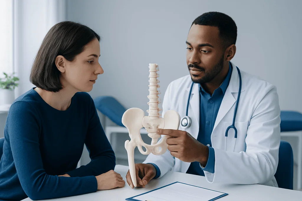 Doctor explaining spinal anatomy to a patient in a medical consultation.