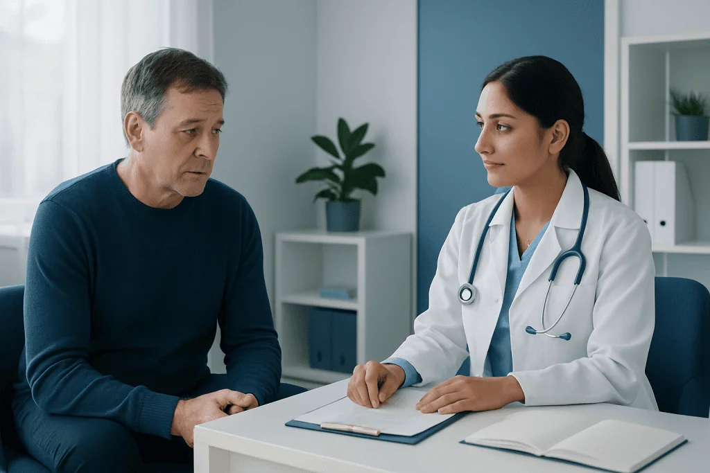 Doctor consulting with a male patient in a modern medical office.